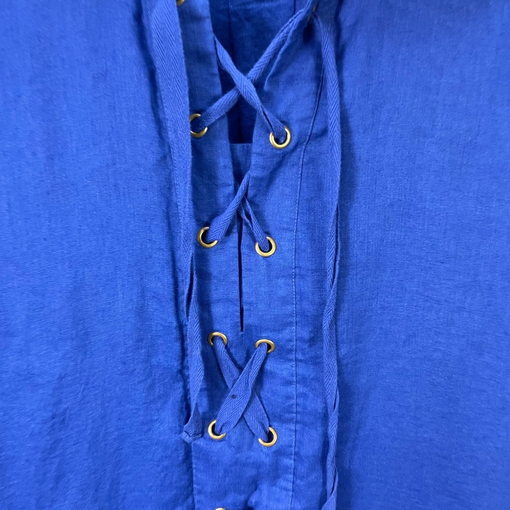 Maeve Dress Womens Size 12 Blue Linen Short Sleeve Lace Up Tunic Pockets Boho - Picture 2 of 12